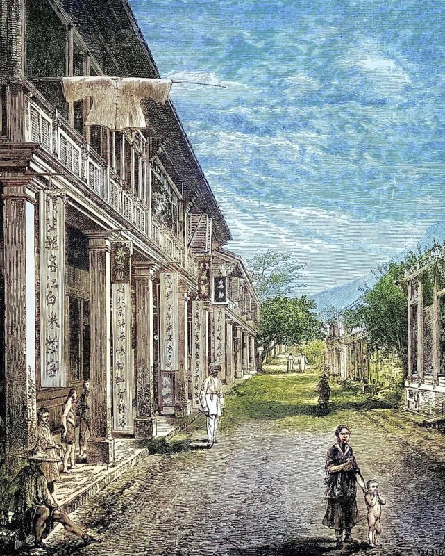 Street in Hong Kong, coloured wood engraving, reproduction of an original from ca 1888, historical, street scene in village with traditional buildings and people walking and working