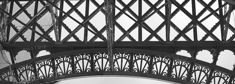 Detailed view of the Eiffel Tower, black and white, Paris, France