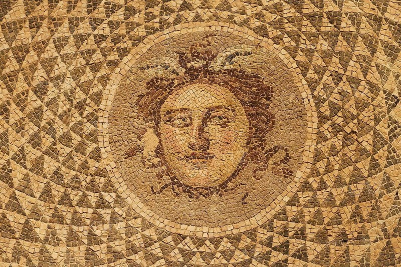 Mosaic with Medusa head surrounded by circular geometric patterns, Patras Archaeological Museum, Patras, Peloponnese, Greece