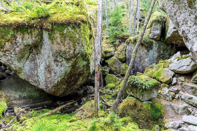 Stenkällan rock cellar, rocks and rustic forest in Tiveden National Park, Örebro län, Sweden