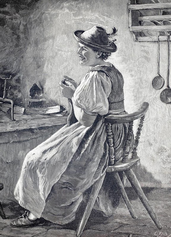 Young woman in a dirndl, traditional costume from Tyrol, 1890, Austria, illustration, reproduction from a model from the 19th century. Authentic, file restored for optimal use, exact date of submission unknown, Historical, a woman in traditional dress smiles and sits on a wooden chair at a table