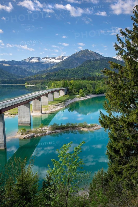 Bridge over the Sylvensteinsee in spring, Bavaria, Germany