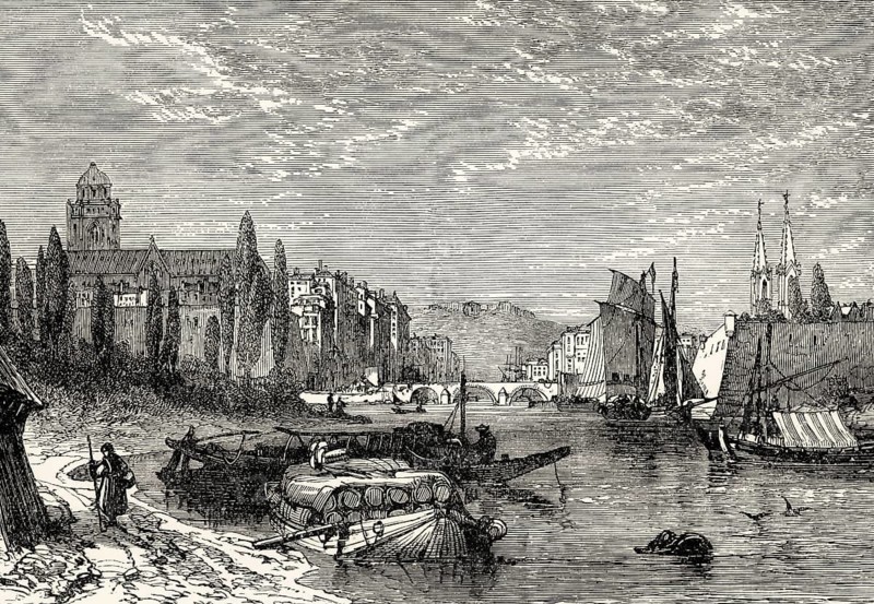 Historical view of Bayonne, early 19th century, department of Pyrénées-Atlantiques, Nouvelle-Aquitaine region of southwestern France, From British Battles on Land and Sea, by James Grant