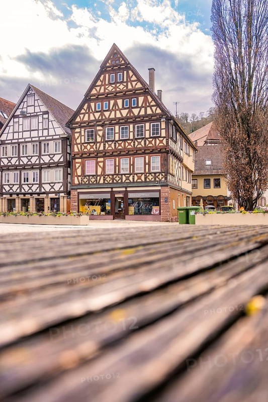 Picturesque half-timbered houses with characteristic patterns under a blue sky, Nagold, Calw district, Germany