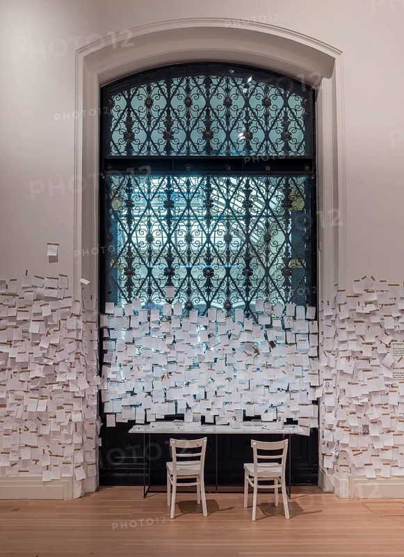 Gropius Bau Berlin, interior view, room with countless post it at the end of an exhibition, Berlin, Germany