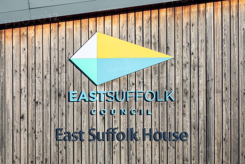 East Suffolk Council logo on side of East Suffolk House offices, Riduna Park, Melton, Woodbridge, Suffolk, England, UK