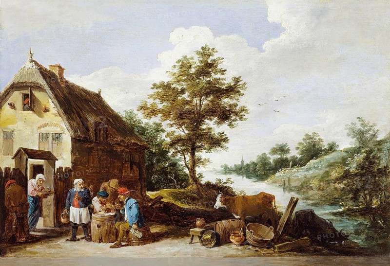 An Inn by the River (ca. 1645-1650), painting by David Teniers (baptised 15 December 1610 in Antwerp, died 25 April 1690 in Brussels), Flemish painter, draughtsman and curator. He was an innovator in a variety of genres such as history painting, genre painting, landscape, portrait and still life. He is most remembered today as the leading Flemish genre painter of his time, reproduction from a 17th century painting. Authentic, file restored for optimal use, exact date of original unknown