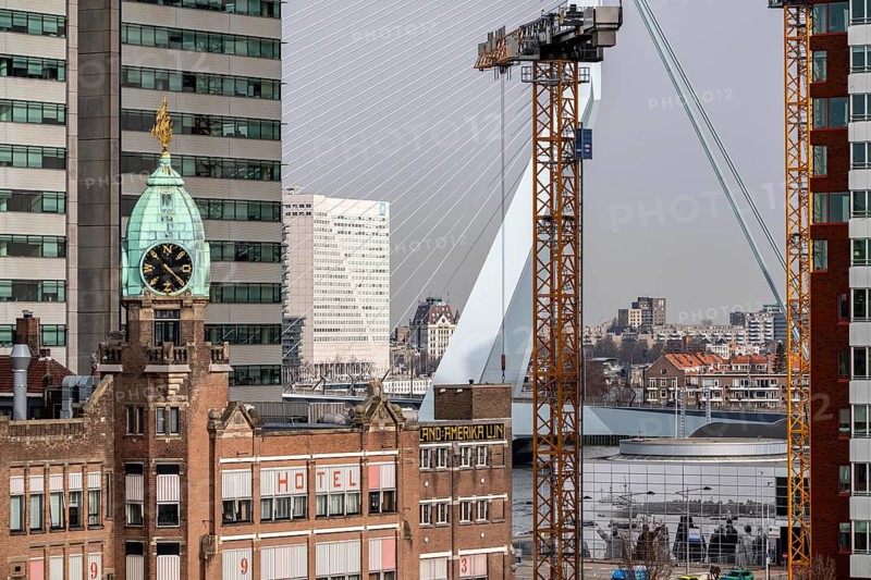 Kop van Zuid, Wilhelminapier, skyscrapers on the Nieuwe Maas, skyline of the city center, Erasmus Bridge, Holland Amerikaplein, Hotel New York, Holland Amerika Lijn, Rotterdam, Netherlands