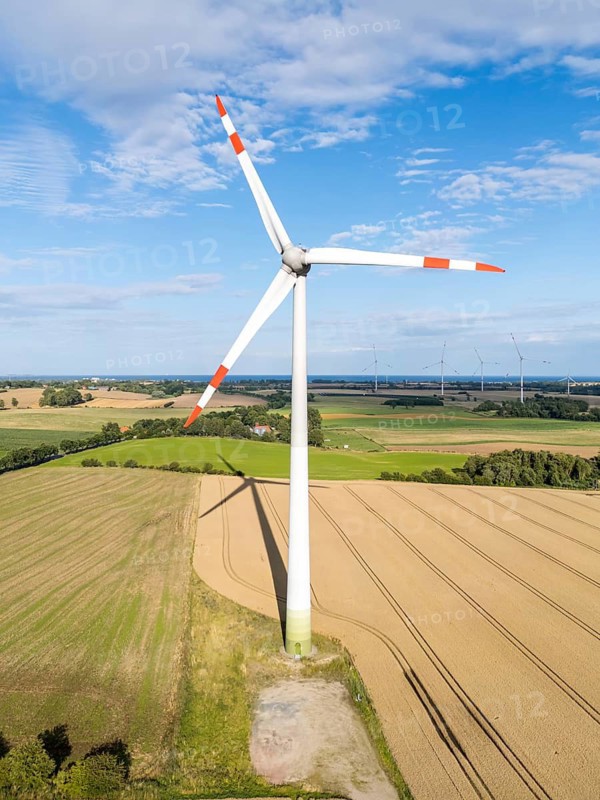 Wind turbine in a wind farm renewable energy wind power wind energy on the Baltic Sea aerial view near Heiligenhafen, Germany