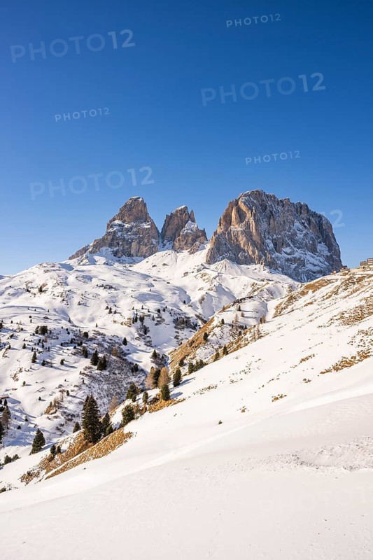 Beautiful landscape of the Mountain silhouettes of the Sexten Dolomites on a sunny winter day, South Tyrol, Trentino-South Tyrol, Alto-Adige, Italy