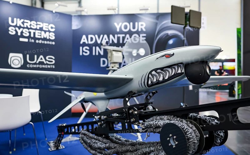 Düsseldorf, North Rhine-Westphalia, Germany - UKRSPECSYSTEMS, SHARK-M reconnaissance drone at the exhibition stand at XPONENTIAL Europe, leading trade fair for autonomous technologies & robotics. UKRSPEC Systems is a Ukrainian manufacturer of military drones, founded in 2014 in Kiev. The company was founded at the start of the conflict in eastern Ukraine, when the Ukrainian military had limited access to modern drones