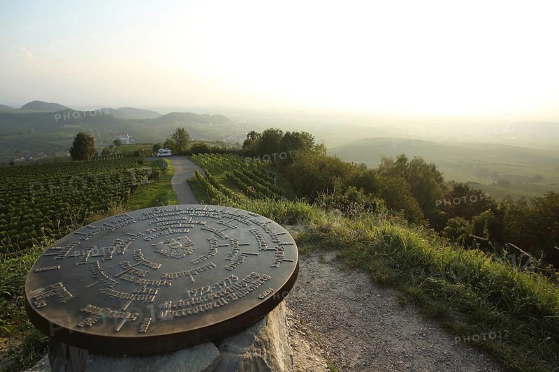 View from the Mondhalde, metal disc, plate with inscription for orientation in cardinal direction, viewing direction, targets, engraving, cast iron plate, viewpoint, Vogtsburg, Kaiserstuhl, Baden-Württemberg, Germany