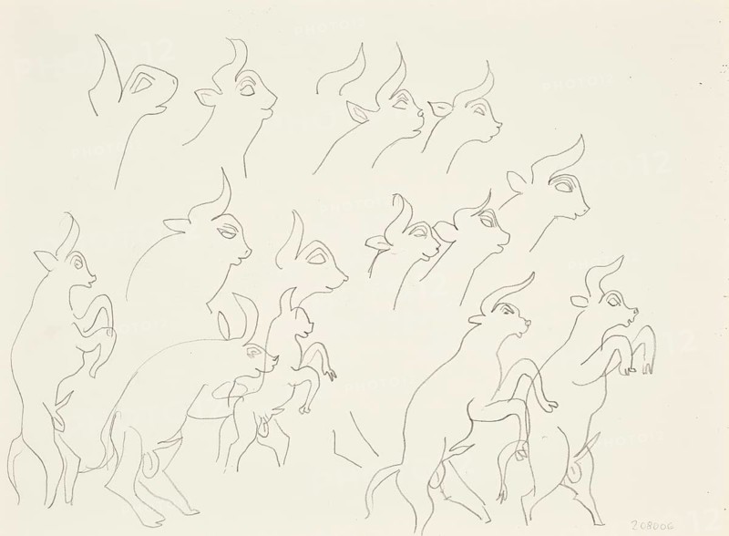 Henri Matisse, Henri Emile Benoit Matisse (born 31 December 1869, died 3 November 1954 in Cimiez), French painter, graphic artist, draughtsman, Classical Modernist. Here his work:, Etudes de boucs (circa 1943), Studies of goats, Goat studies, Painting, Reproduction of the painting, Work of art, Historical, Several dancing bulls in a minimalist line drawing on a light background