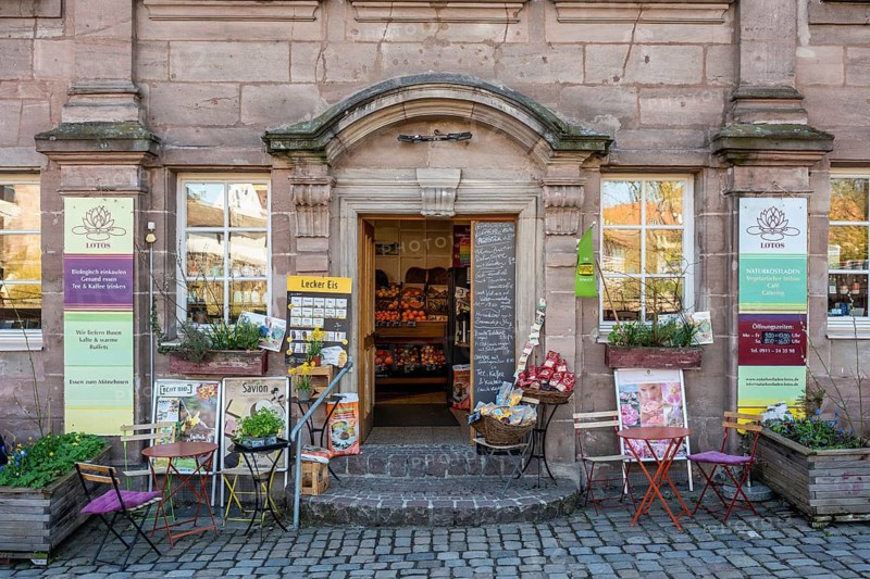 Naturkostladen, grocery store in the old town of Nuremberg, Middle Franconia, Franconia, Bavaria, Germany