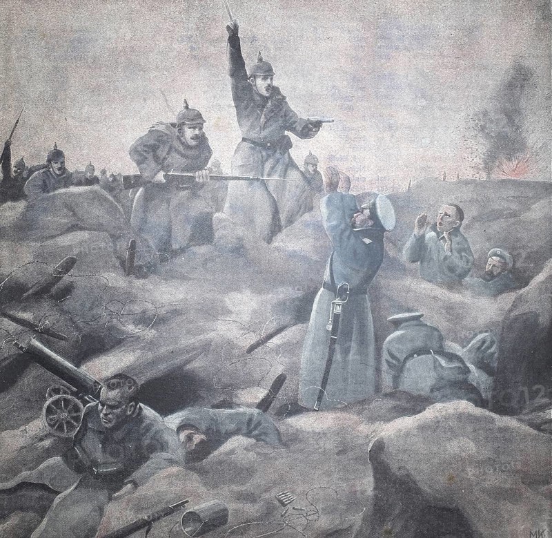 1st World War, the end of the Battle of the Carpathians, storming of a Russian trench on the Zwinin (original pictorial text from 1915, original colouring), illustration, reproduction from a 19th century original. Authentic, file restored for optimal use, exact date of original unknown, Historical, Depiction of an attack in a trench with soldiers and fierce fighting action