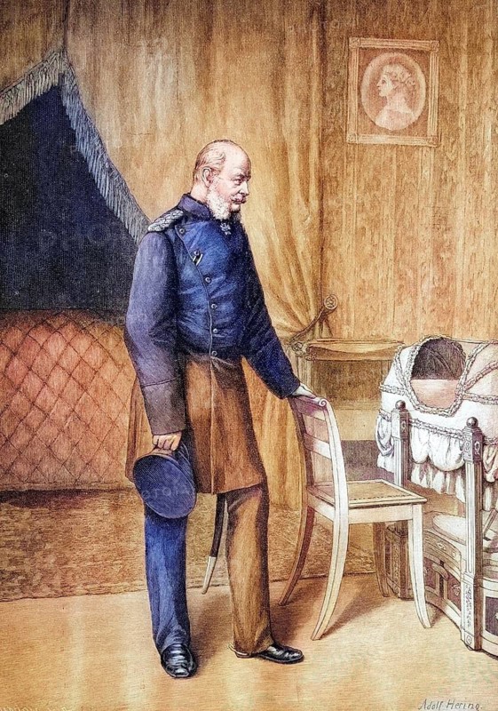 Emperor Wilhelm I in front of his cradle in the Hohenzollern Museum, coloured wood engraving, reproduction from a model from ca 1888, Historical, A serious man stands in a room next to an empty bed, the atmosphere is melancholic and thoughtful
