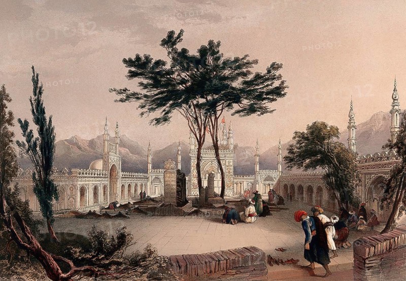 Mosque of Coolaum Hoossein Huzrut-Jee, Kandahar, Afghanistan. Coloured lithograph by R. Carrick after Lieutenant James Rattray, c. 1847