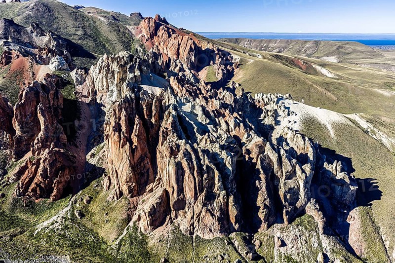 Colorful rock formations in the Valle Lunar, aerial view, section of the Jeinimeni National Park, Patagonia, Chile