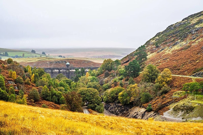 Autumn colors over Craig Goch Dam, Elan Valley Reservoirs, Elan Valley, Rhayader, Powys, Wales, UK