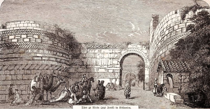 Thor to Nicaea or Isnik in Bithynia, Bursa, Turkey, the First Epistle of the Apostle Peter, letter, city gate, Roman province, city wall, water pipe, camels, horsemen, inhabitants, Bible, New Testament, historical illustration 1850