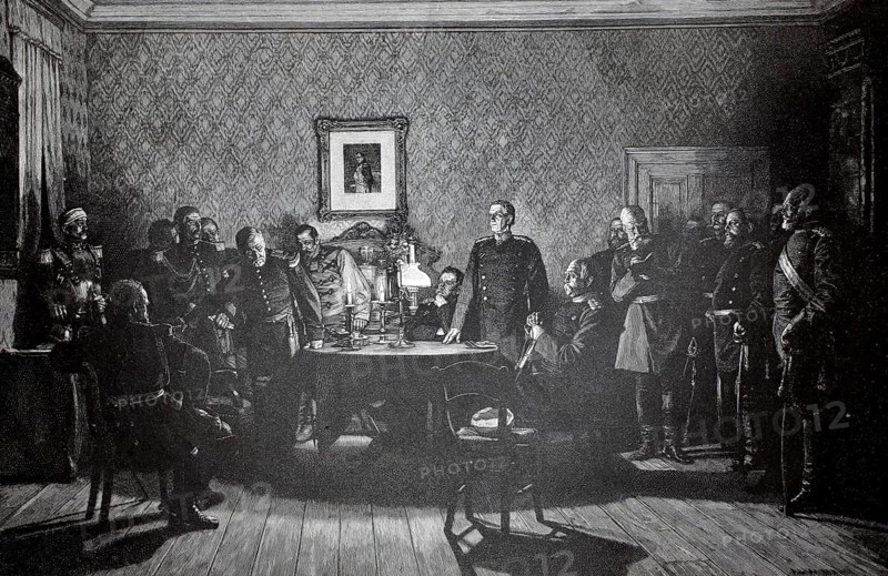 Helmuth Karl Bernhard von Moltke, Baron von Moltke from 1843, Count von Moltke from 1870, known as Moltke the Elder, popularly known as The Great Silent One (born 26 October 1800, died 24 April 1891), was a Prussian field marshal. April 1891), was a Prussian field marshal, here at the surrender negotiations at Donchery 1870, Battle of Sedan, authentic, digitally restored reproduction from a 19th century original, exact date of depiction unknown, historical, group of men in uniforms at a meeting in an elegant room