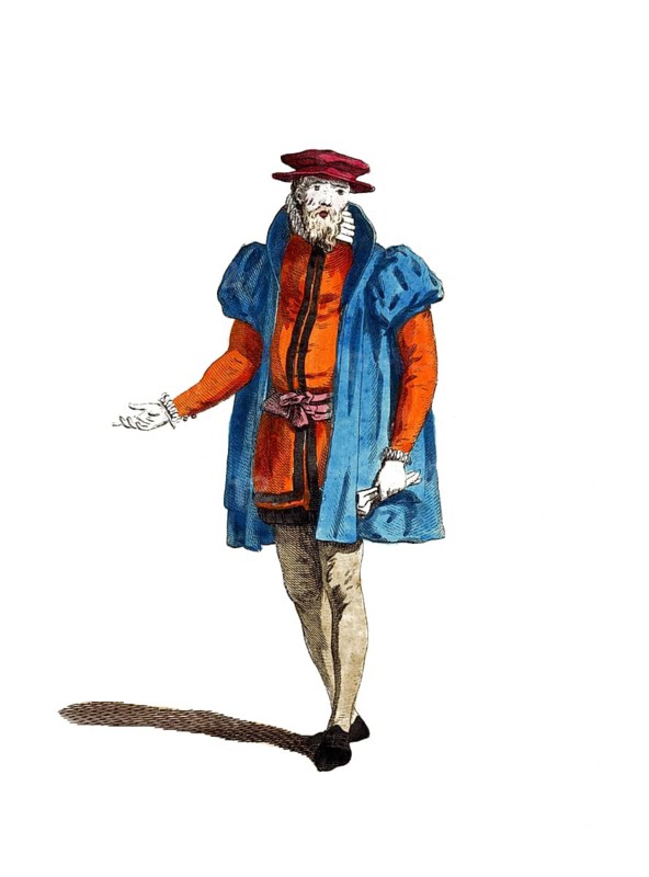 Historical clothing, fashion over time, clothing of a Cologne senator in 1577, Germany, digitally restored reproduction of an 18th/19th century model, exact date unknown, man in historical clothing with red hat, gesticulating