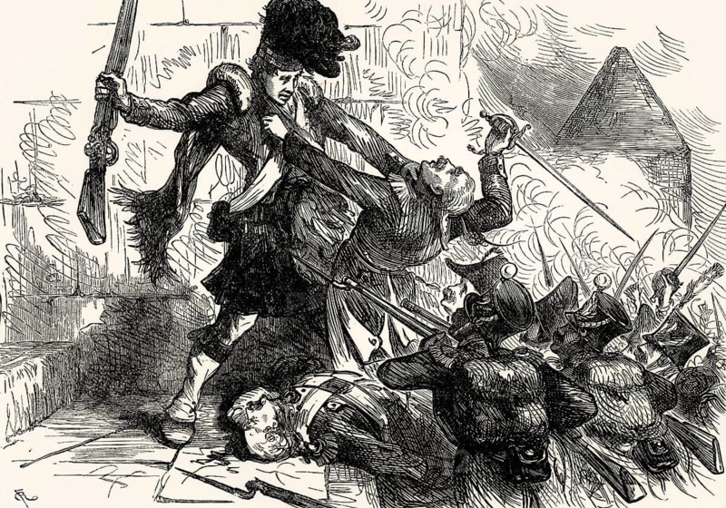 A solitary Highland sentinel named Fraser, guard before the prison door, Battle of Castlebar on 27 August 1798, From British Battles on Land and Sea, by James Grant