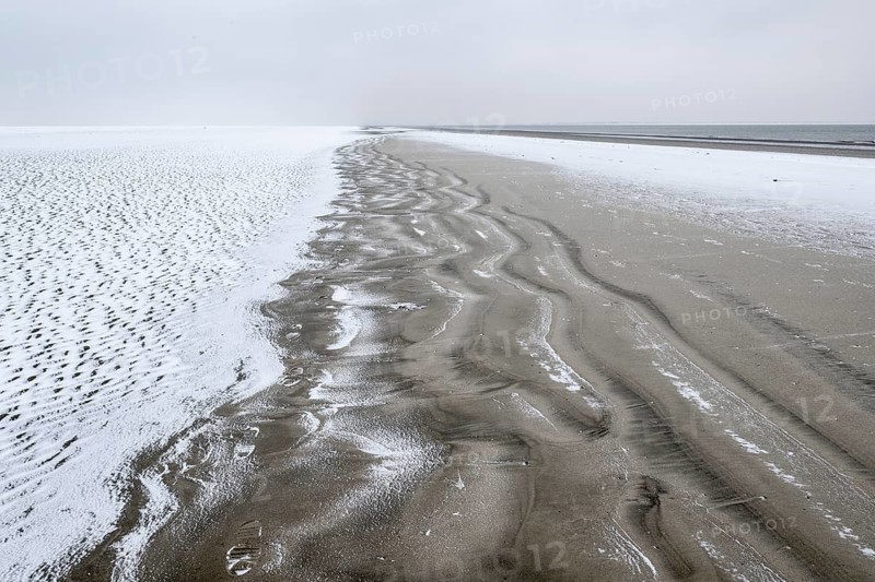 North Sea beach in snow, Langeoog, Lower Saxony, Germany