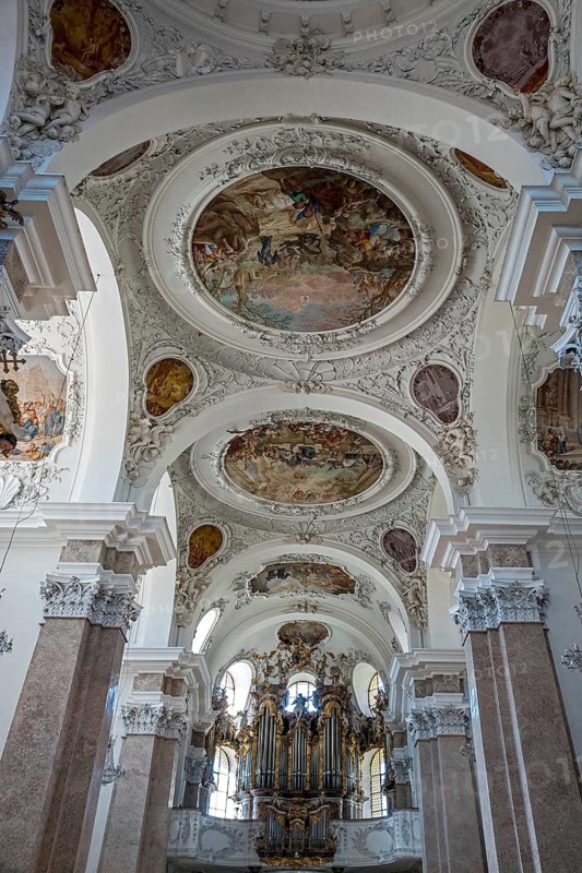 Church, Baroque Basilica of St. Mang, interior view, organ and ceiling frescoes, Füssen, Ostallgäu, Bavaria Germany