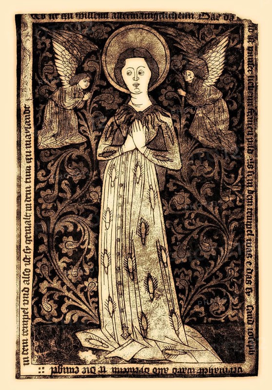 Mary is worshiped by two angels, wood engraving, 1440