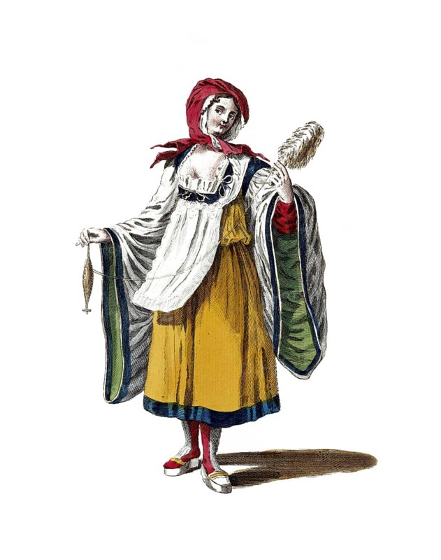 Historical clothing, fashion over time, Typical clothing of a young woman from Argentiera and the island in the archipelago in 1700, Sardinia, Italy, digitally restored reproduction of a model from the 18th/19th century, exact date unknown, woman with traditional clothes, spinning, with delicate pose