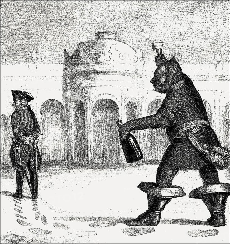 Caricature showing Frederick William IV, King of Prussia, imitating Frederick II, 1842