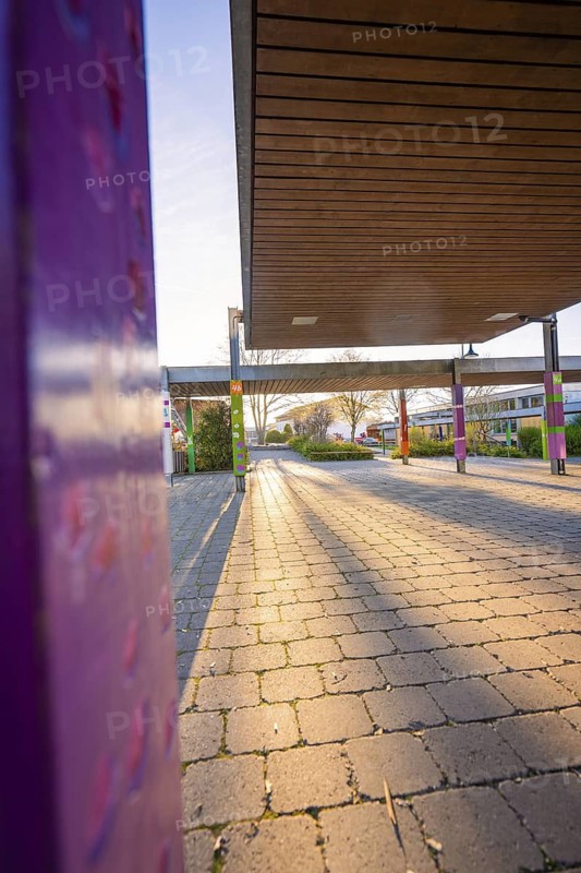 Schoolyard with modern architecture and sunshine casting long shadows, Schlehengäuschule, Gechingen, Hecken and Gäu region, Calw district, Germany