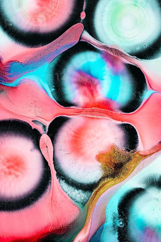 A captivating abstract liquids art piece featuring swirling bold circular patterns in vibrant pink, blue, and black hues. The dynamic composition evokes energy and creativity