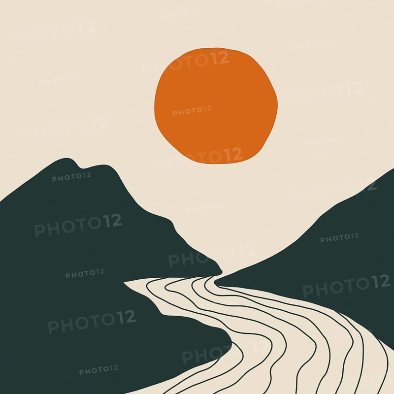 Abstract minimalist art depicting a summer landscape with bold shapes. Featuring a bright orange sun, dark mountains, and a flowing river on a neutral background