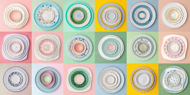 Assorted stylish plates arranged in neat stacks against vibrant colored backgrounds, showcasing different patterns and designs. Perfect for ceramic and kitchen themes