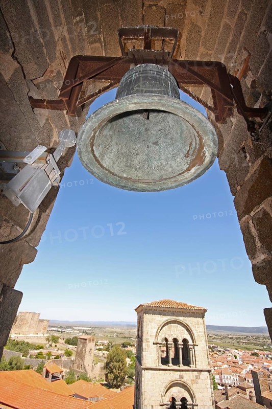 Chime with bell of Santa Maria La Mayor, church, bell tower, view from below, cityscape, church tower, Trujillo, Extremadura, Spain