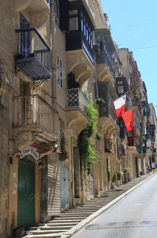Traditional balconies of historic buildings in city centre, Valletta, Malta