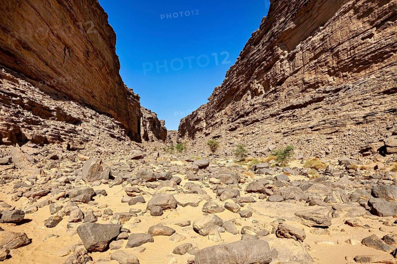 Impressive natural gorge in a rocky desert landscape, rocky gorge in the desert landscape of the Sahara in Algeria