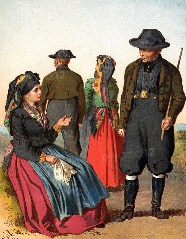 Traditional costumes in Germany around 1820, Bohemia, Eger district, men and woman in traditional traditional costume during an outdoor conversation, digitally retouched reproduction of a model from around 1850, by Albert Kretschmer (27 February 1825, 11 July 1891), German painter and costume expert