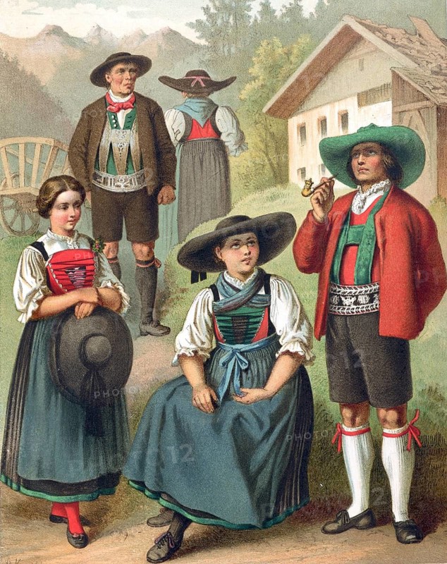 Traditional costumes in Germany around 1820, Tyrol, Sarntal, family in traditional traditional costume in front of a rural building, man with pipe, digitally retouched reproduction of a model from around 1850, by Albert Kretschmer (27 February 1825, 11 July 1891), German painter and costume expert