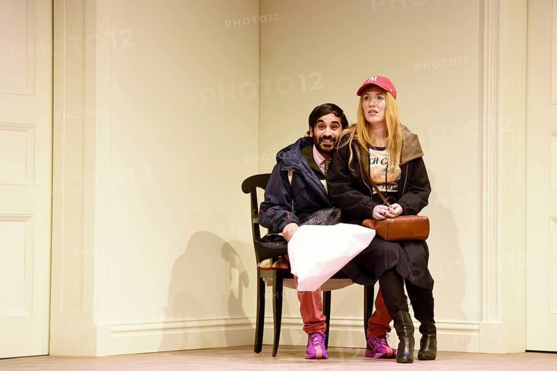 Christin Nichols (Helena), Tanju Bilir (Jonas), Sophia oder das Emde der Humanisten, German premiere, photo rehearsal on 11.03.2026 at the Renaissance Theatre, Berlin, premiere on 15.03.2026