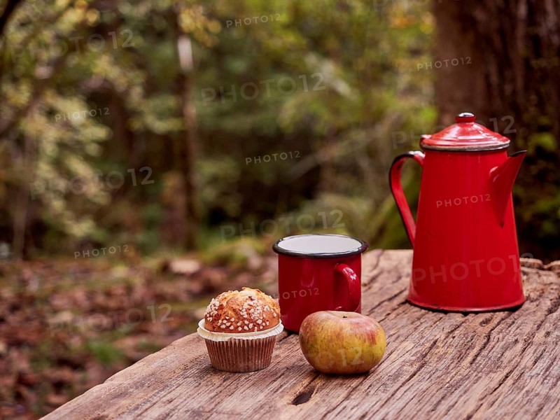 Winter picnic in the forest. Red vintage coffee pot and mug, cupcake and apple on a wooden table. Nature ambiance and comfort, calm moment
