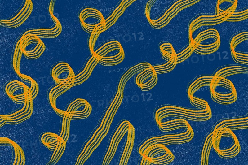 This stock image features an abstract pattern of swirling yellow lines crisscrossing over a textured blue background, suitable for wallpapers or modern decor
