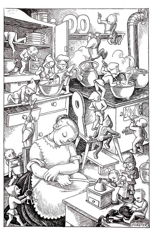 According to legend, house spirits from Cologne. At night, when the citizens slept, they did their work, illustration, reproduction of a model from the 19th century. Authentic, file restored for optimal use, exact date of submission unknown, historical, leprechauns cook and bake in the kitchen while a woman sleeps. A humorous and chaotic scene