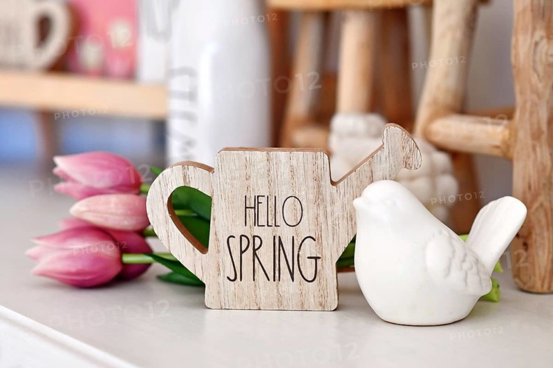 Spring decor arrangement with bird, house, tulip flowers and watering can with text 'Hello Spring'
