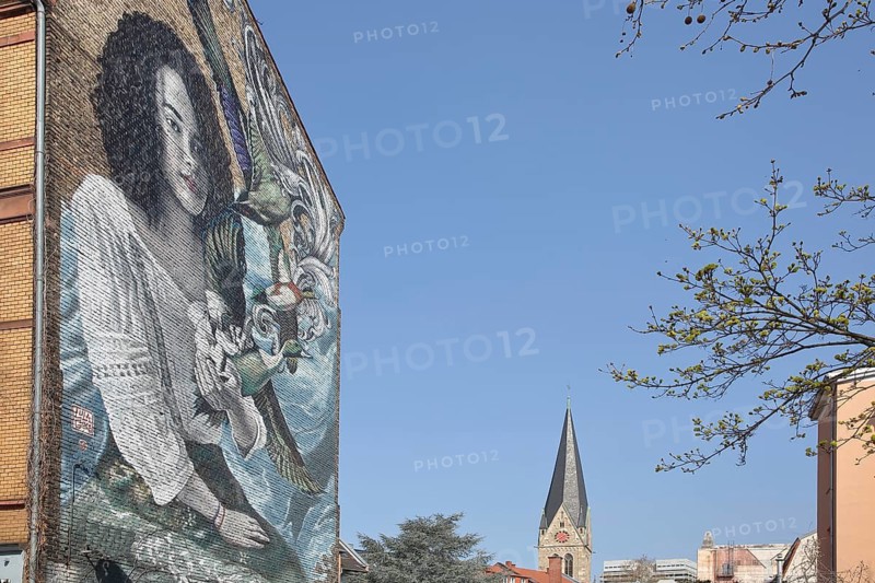 Mural Queen of Nature by Lula Goce 2021, graffiti, street art, Afro-look female figure with duck figures and flowers, nature, queen, house façade, Hemshof, Ludwigshafen am Rhein, Rhineland-Palatinate, Germany