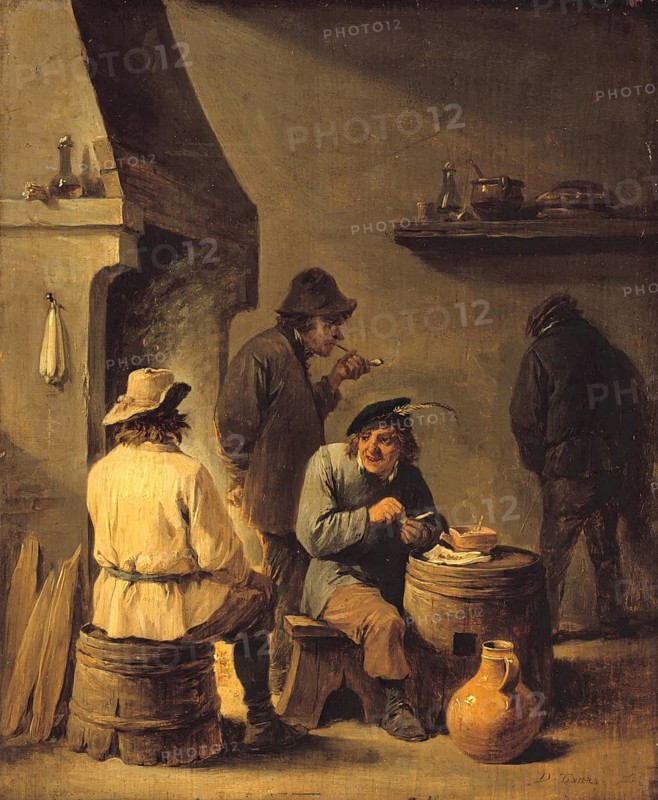 Smoking Room (1645-1646), painting by David Teniers (baptised 15 December 1610 in Antwerp, died 25 April 1690 in Brussels), Flemish painter, draughtsman and curator. He was an innovator in a variety of genres such as history painting, genre painting, landscape, portrait and still life. He is most remembered today as the leading Flemish genre painter of his time, reproduction from a 17th century painting. Authentic, file restored for optimal use, exact date of original unknown