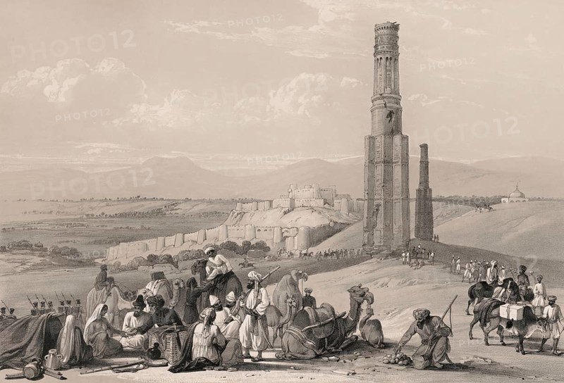 The fortress and citadel of Ghazni and the two Minarets, First Anglo-Afghan War, sketch by James Atkinson, 1839