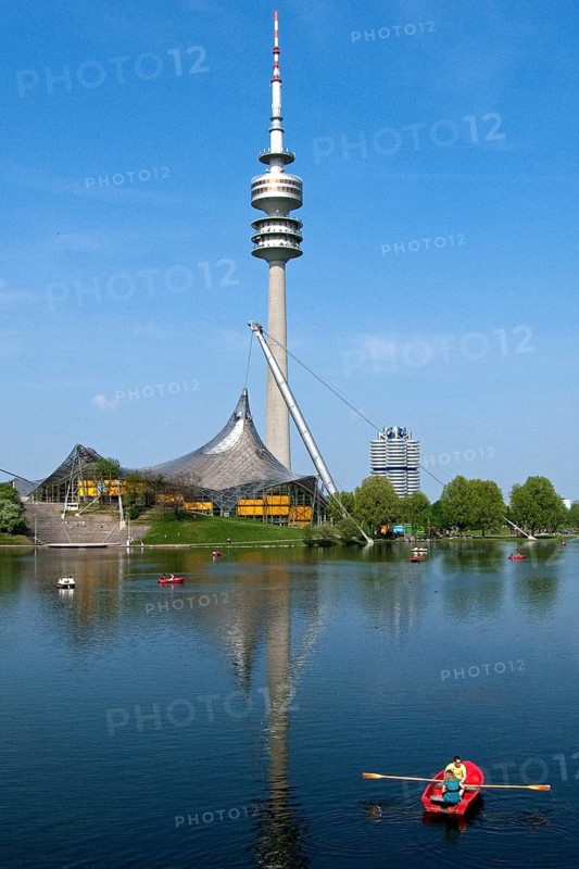 Olympic Lake, Olympic Tower, Olympic Swimming Pool, Olympic Park, BMW four-cylinder tower block behind, Munich, Bavaria, Germany